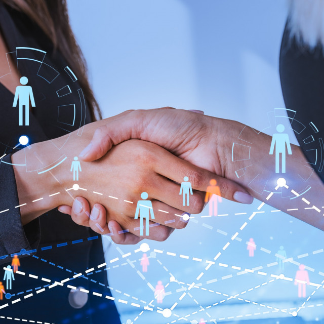 Office women handshake, people icons and connection Office women handshake, people icons and connection